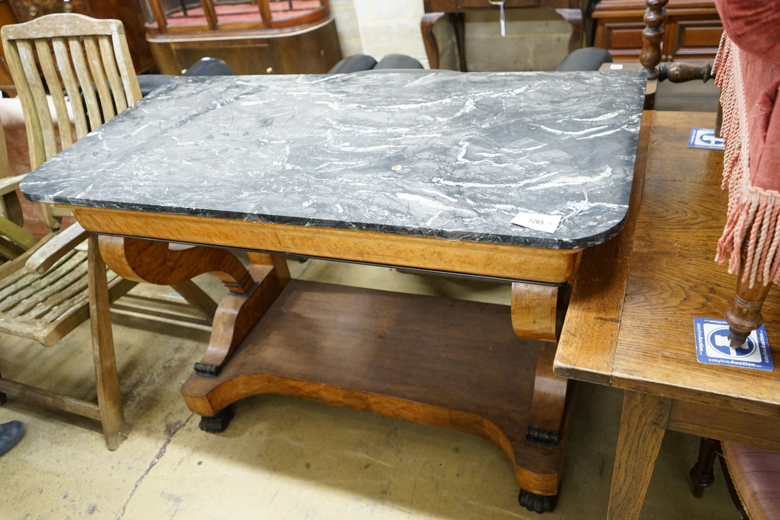 A 19th century French bird's eye maple marble topped console table, width 130cm, depth 64cm, height 89cm